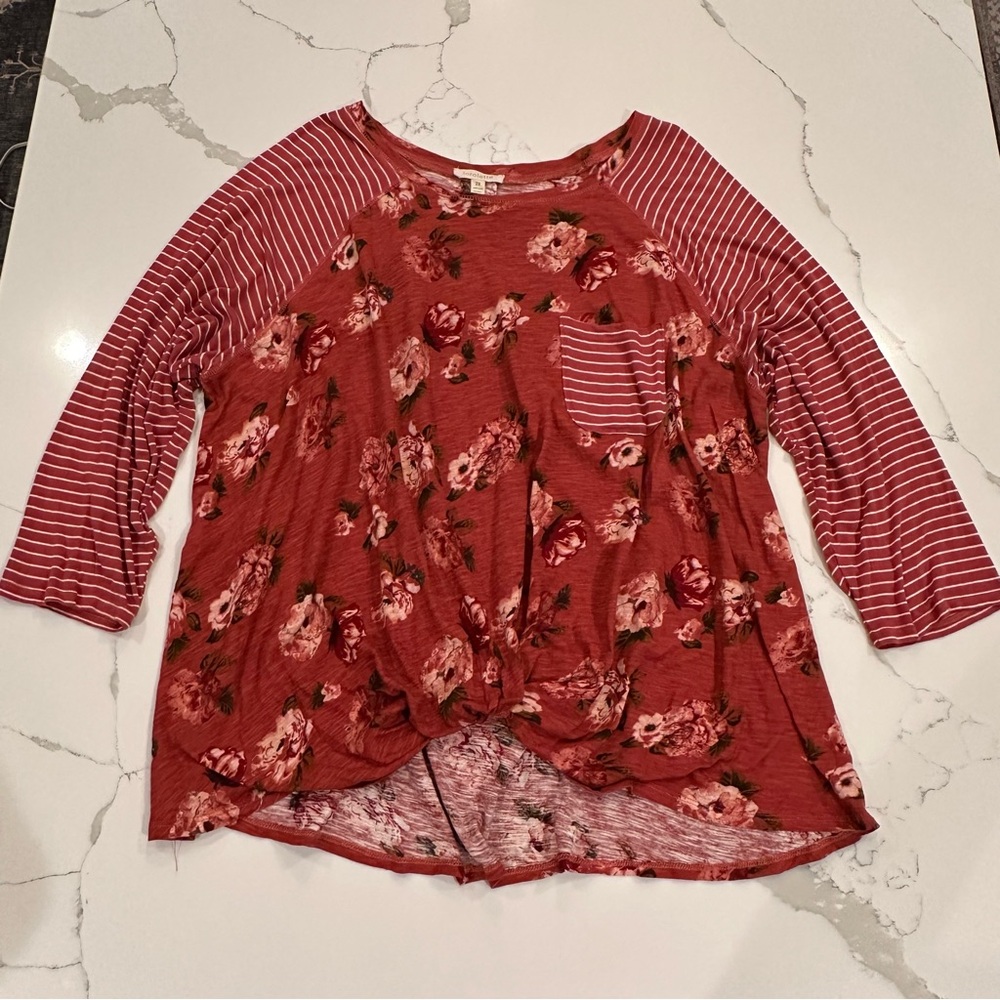 Loralette Plus Size Floral Striped Cotton Linen Pullover Top 2X Boho Cottagecore